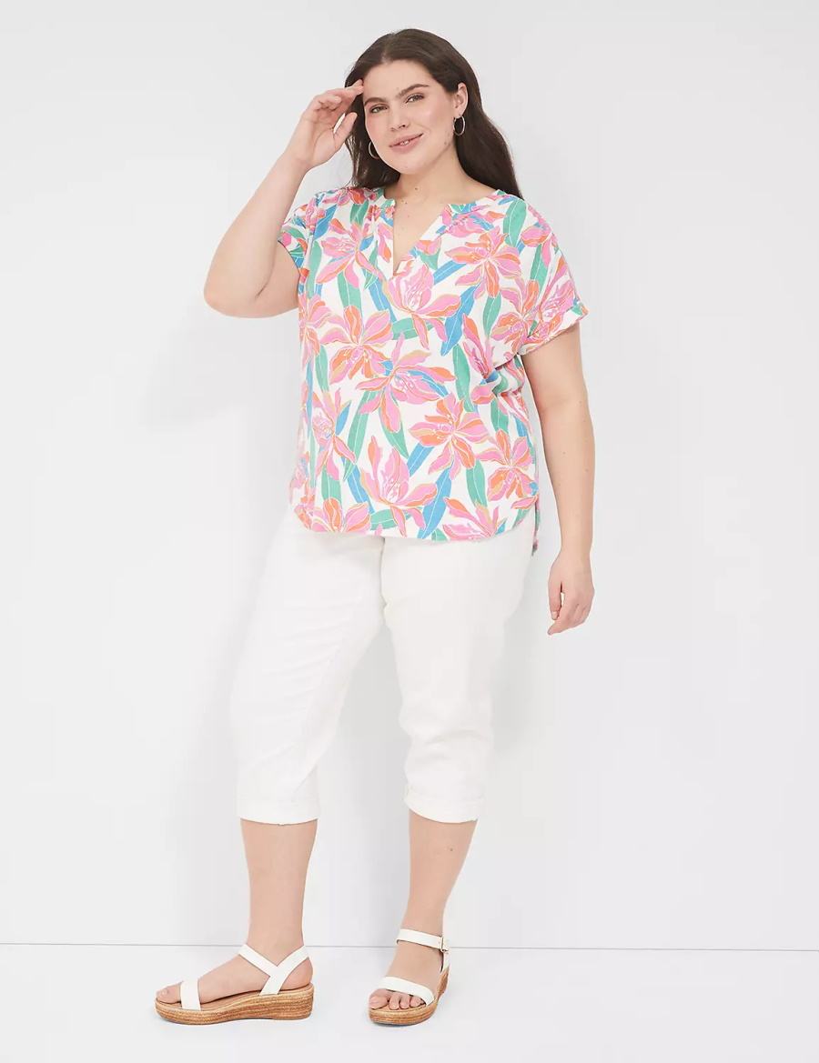 Pink Blue Lane Bryant Relaxed Gauze Notch-Neck Women Shirts | NTT9737DK