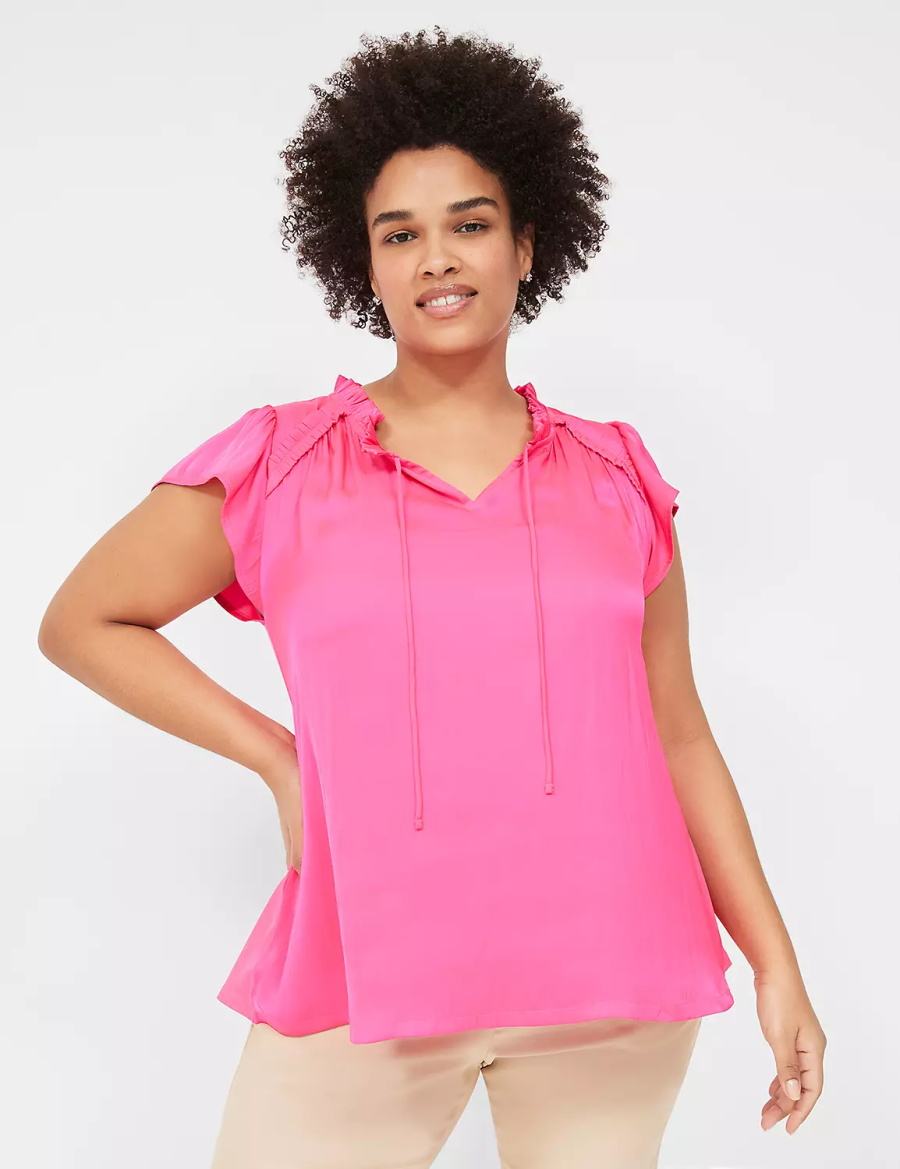 Pink Lane Bryant Cap Flutter-Sleeve Satin & Knit Top Women T Shirts | UCB9776KW