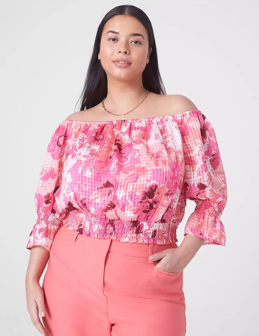 Pink Lane Bryant Classic Crop Off-The-Shoulder Chiffon Top Women Tank Top | CXM9666YV