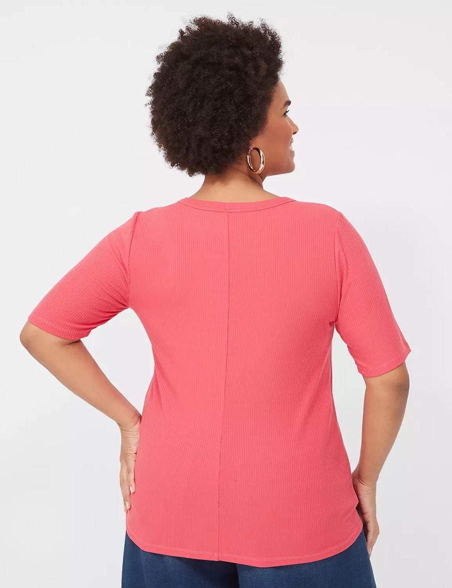 Pink Lane Bryant Elbow-Sleeve High Crew-Neck Rib Top Women T Shirts | TAP6631WR