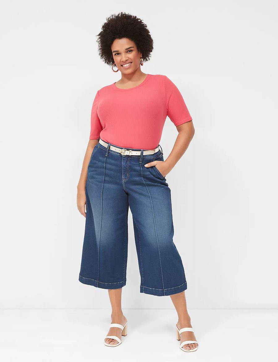 Pink Lane Bryant Elbow-Sleeve High Crew-Neck Rib Top Women T Shirts | TAP6631WR