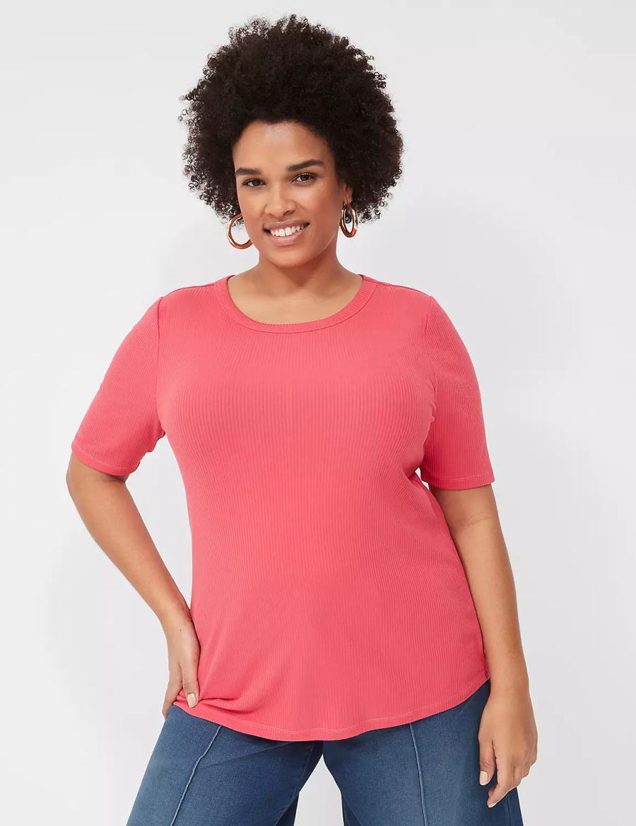 Pink Lane Bryant Elbow-Sleeve High Crew-Neck Rib Top Women T Shirts | TAP6631WR