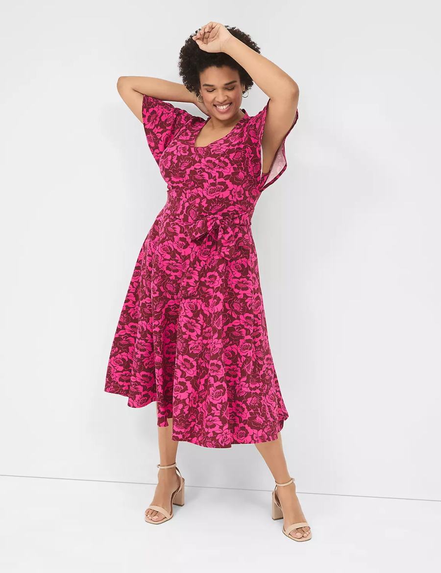 Pink Lane Bryant Lena V-Neck Level-Hem Women Midi Dress | DND4697WX