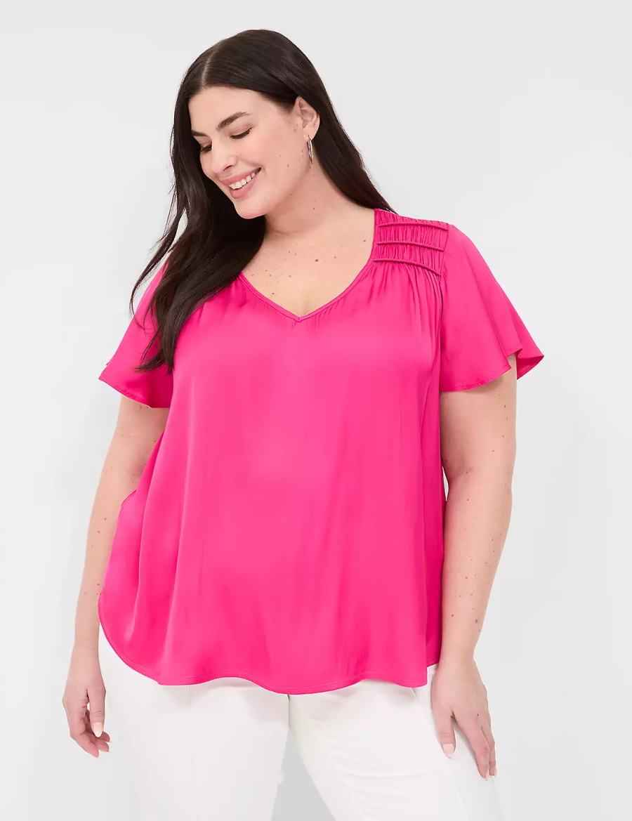 Pink Lane Bryant Satin Smocked-Shoulder Women Blouse | AFF505LV