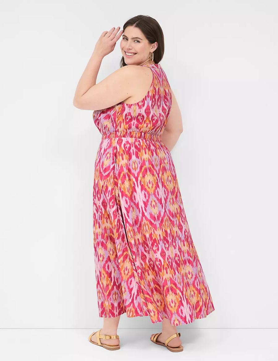 Pink Lane Bryant Split-Neck Tie-Waist Women Maxi Dress | MIE7526QA