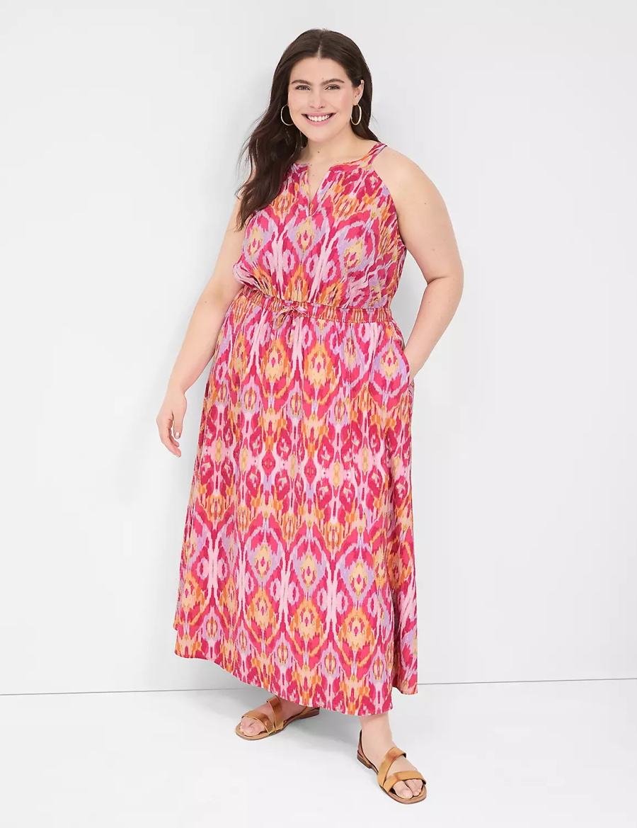 Pink Lane Bryant Split-Neck Tie-Waist Women Maxi Dress | MIE7526QA