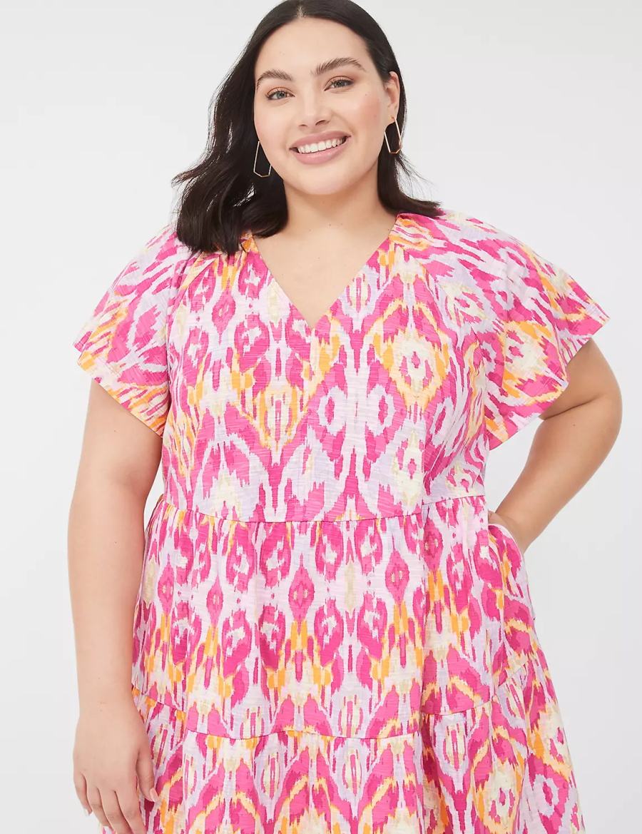 Pink Lane Bryant V-Neck Tiered Easy Women Short Dress | MQF7267DZ