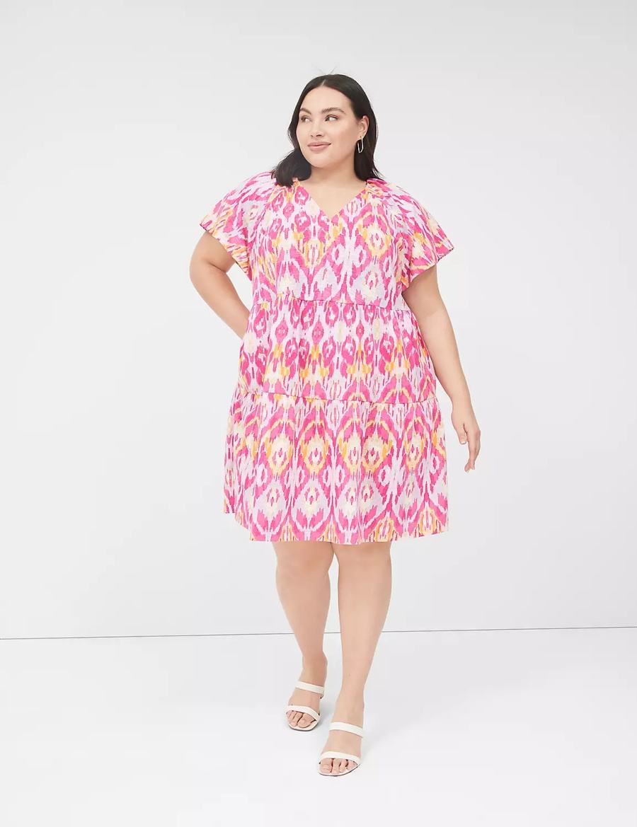 Pink Lane Bryant V-Neck Tiered Easy Women Short Dress | MQF7267DZ