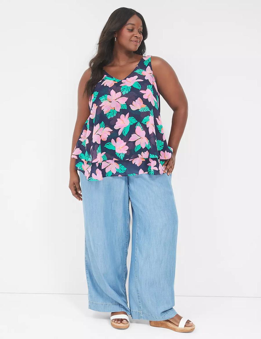 Pink Navy Lane Bryant Swing Double-Layer Chiffon Women Tank Top | EEO4279PM