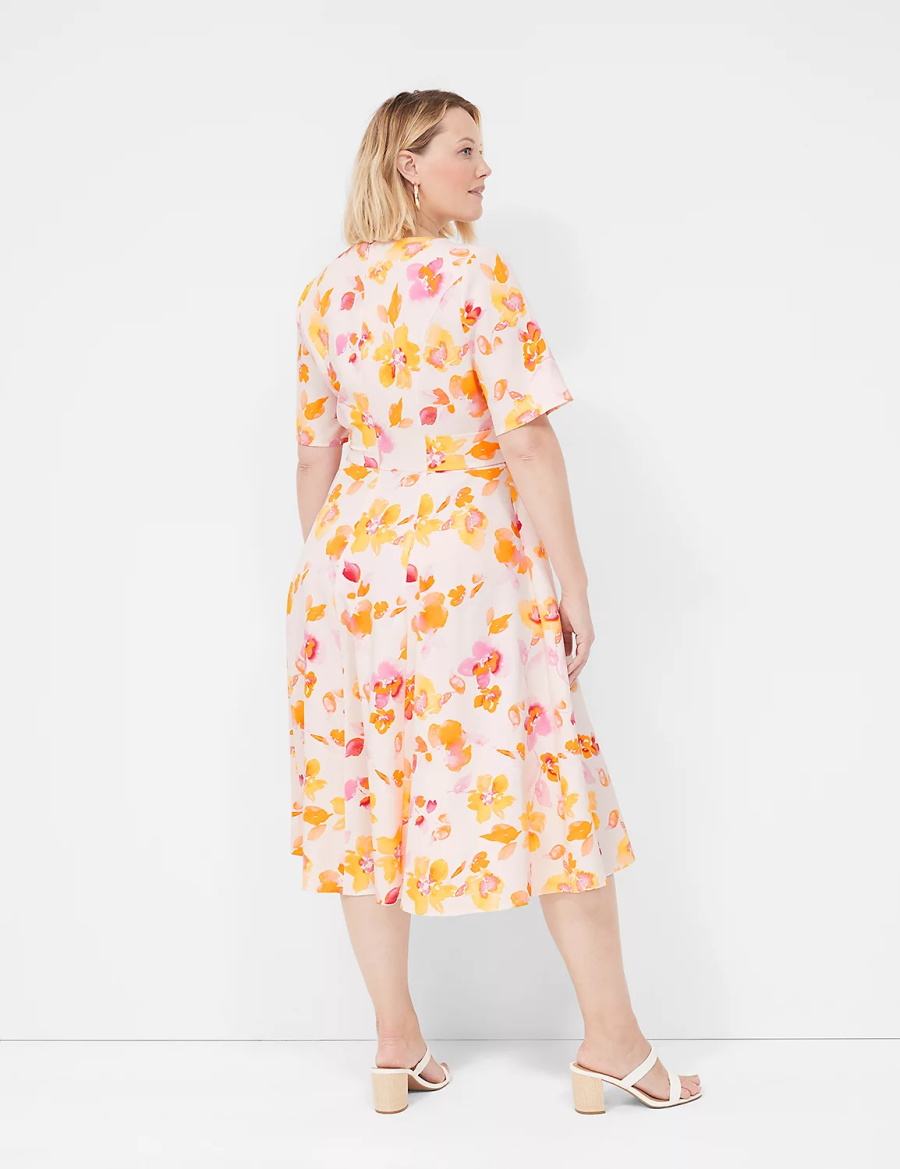 Pink Orange Lane Bryant Lena V-Neck Level-Hem Women Midi Dress | HXD4199RP