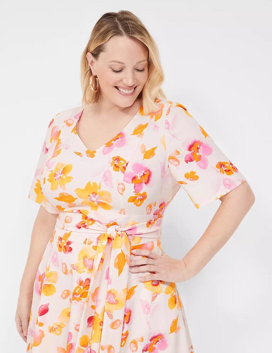 Pink Orange Lane Bryant Lena V-Neck Level-Hem Women Midi Dress | HXD4199RP