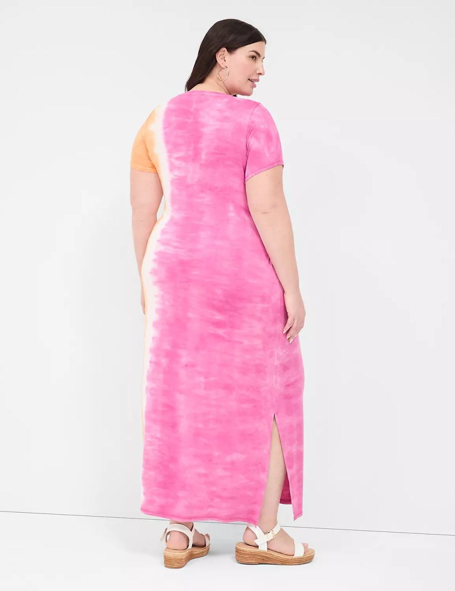 Pink Orange Lane Bryant Short-Sleeve Side-Slit Tie Dye Women Maxi Dress | JXH4318DS