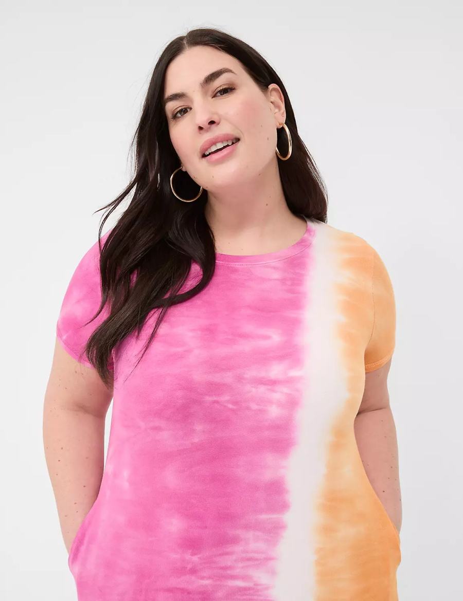 Pink Orange Lane Bryant Short-Sleeve Side-Slit Tie Dye Women Maxi Dress | JXH4318DS