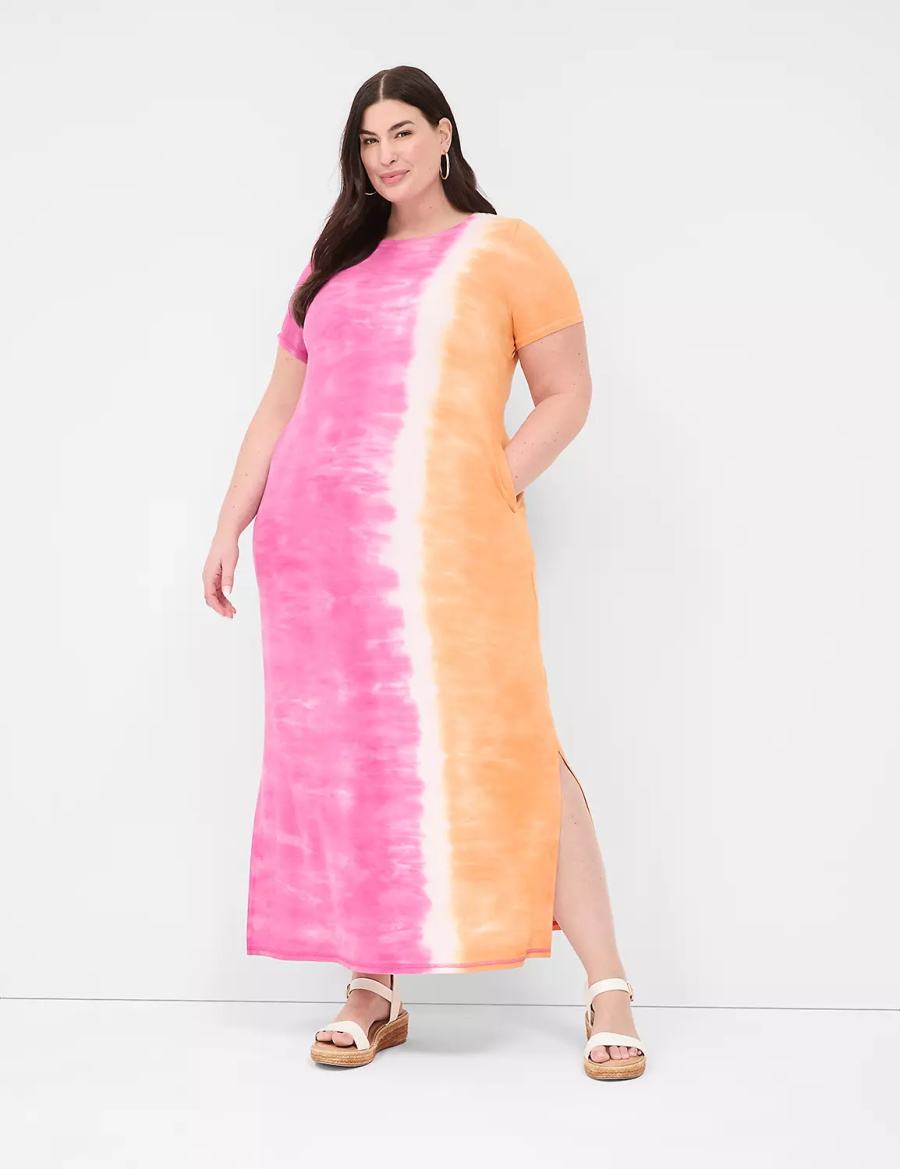 Pink Orange Lane Bryant Short-Sleeve Side-Slit Tie Dye Women Maxi Dress | JXH4318DS