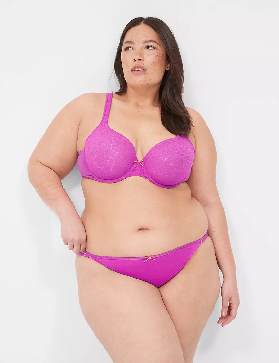 Purple Burgundy Lane Bryant Cotton String with Stretch Lace Back Women Bikini Panty | HWQ1150ZY