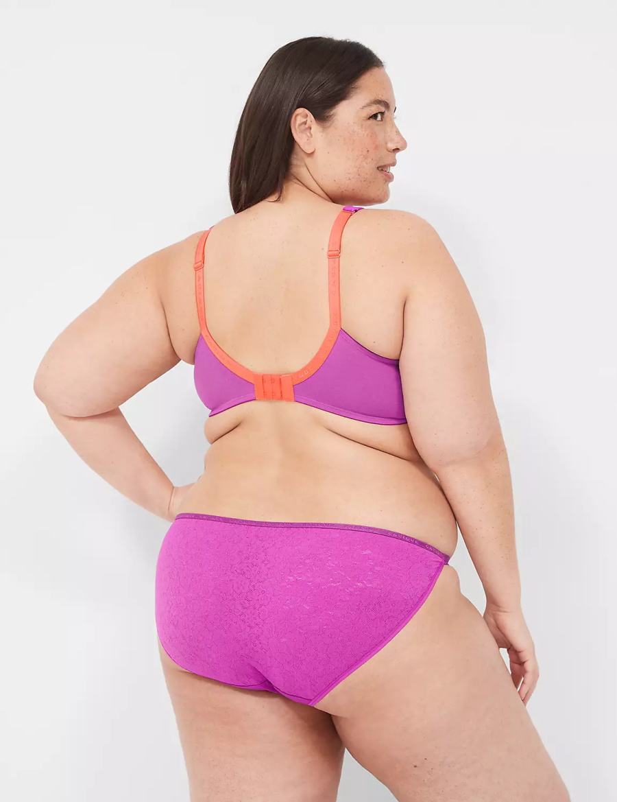 Purple Burgundy Lane Bryant Cotton String with Stretch Lace Back Women Bikini Panty | HWQ1150ZY