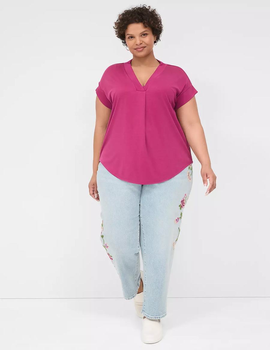 Purple Lane Bryant Cap-Sleeve V-Neck Pleat-Front Top Women T Shirts | YFV7693FH