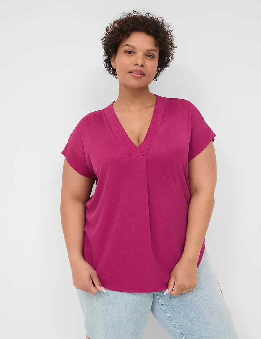 Purple Lane Bryant Cap-Sleeve V-Neck Pleat-Front Top Women T Shirts | YFV7693FH