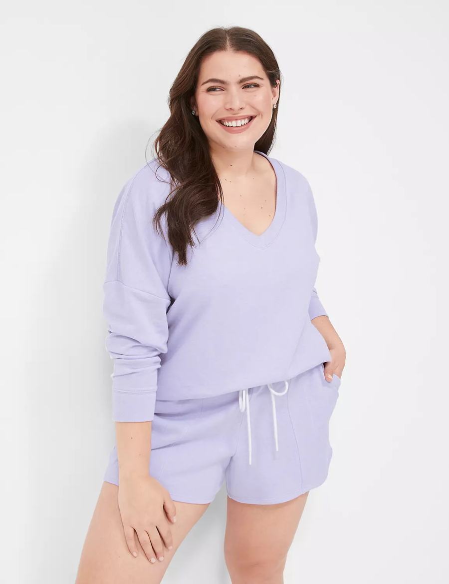 Purple Lane Bryant Terry Fleece V-Neck Top Women T Shirts | CPR3274DN