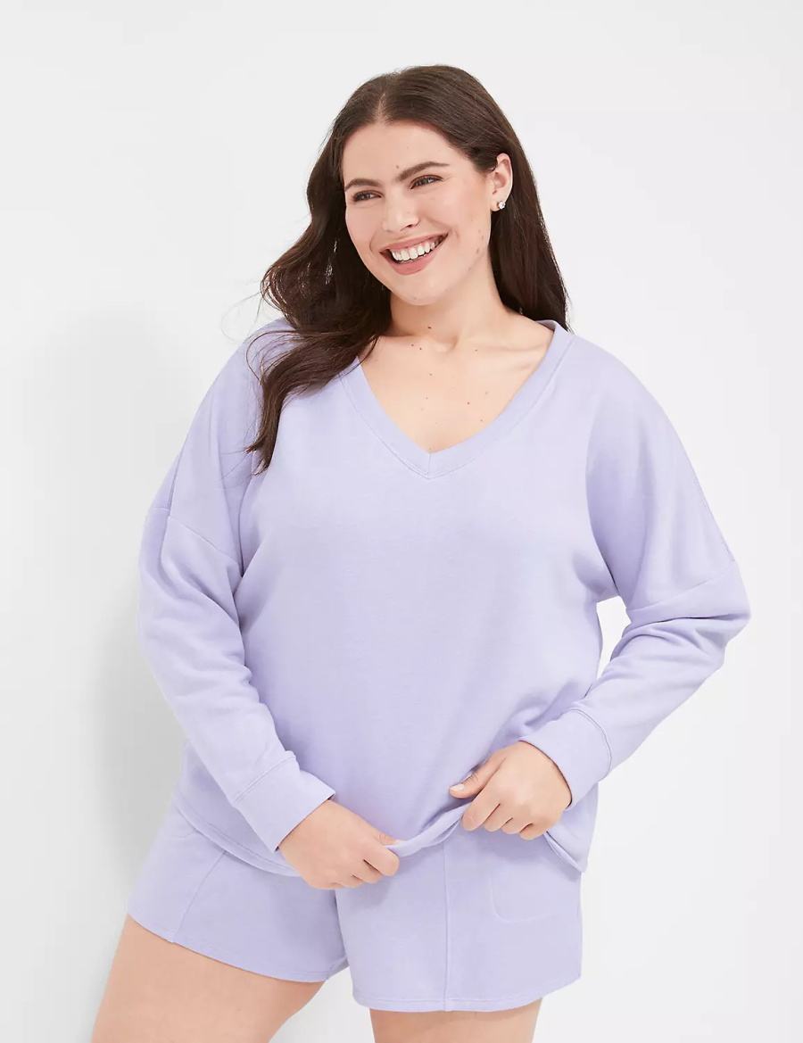 Purple Lane Bryant Terry Fleece V-Neck Top Women T Shirts | CPR3274DN