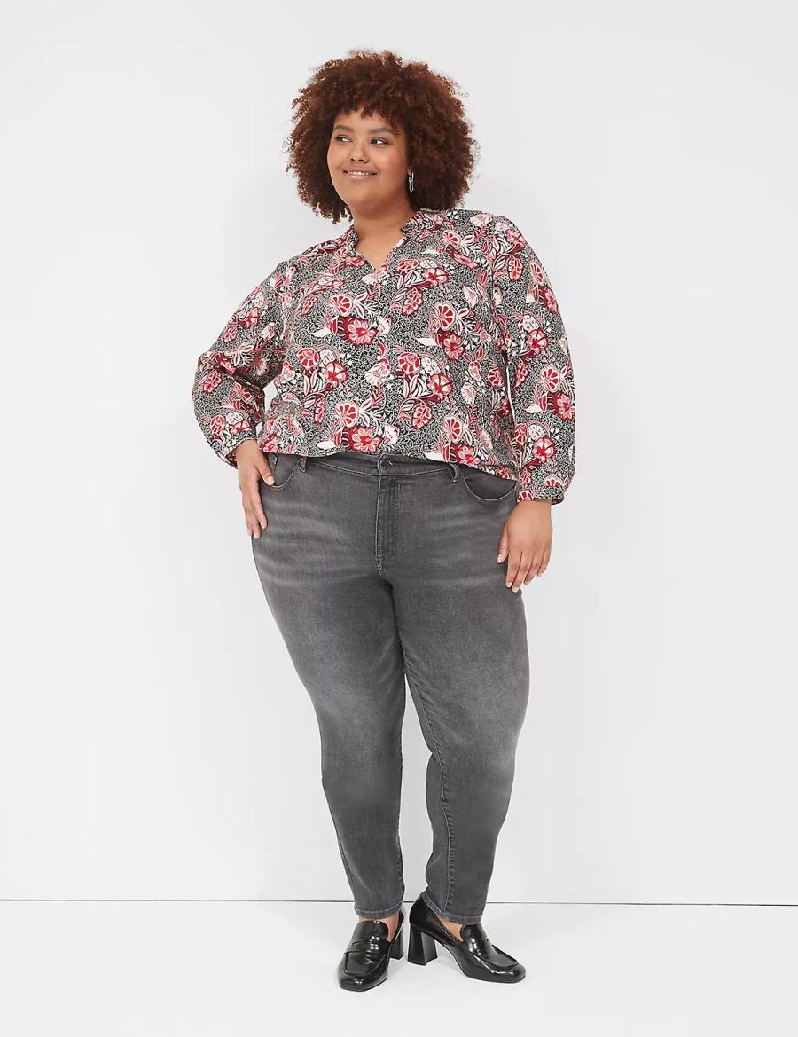 Red Black Lane Bryant Gathered Ruffle V-Neck Popover Women Shirts | PYZ9032TM