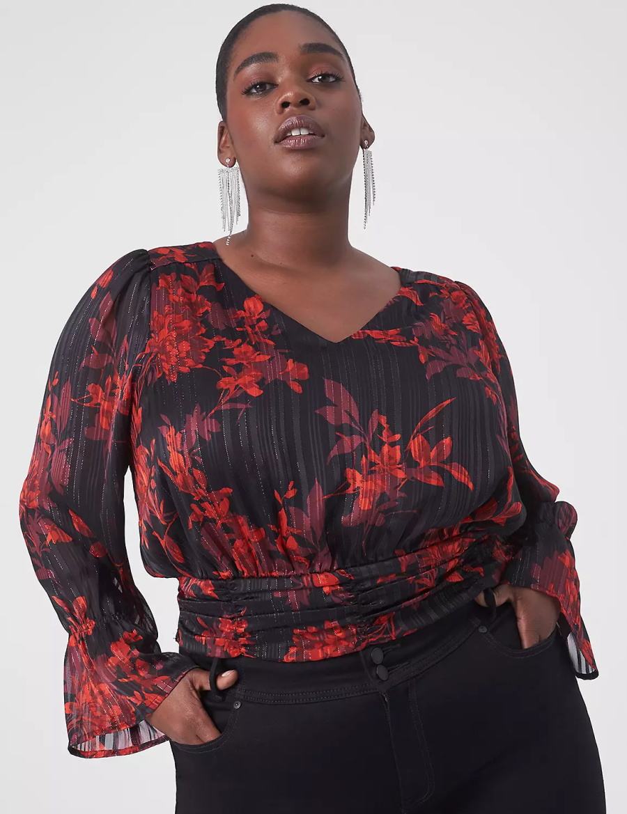 Red Lane Bryant Classic Long-Sleeve V-Neck Crop Top Women Blouse | EAW529RT