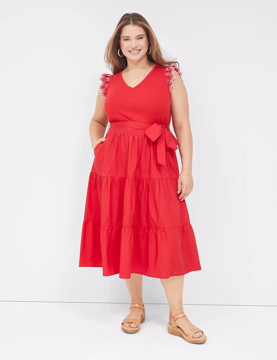 Red Lane Bryant Eyelet-Sleeveed Women Midi Dress | MPU5787DC