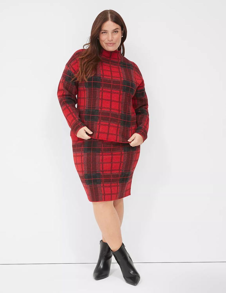 Red Lane Bryant Mock-Neck Plaid Women Sweaters | CSC9622GD