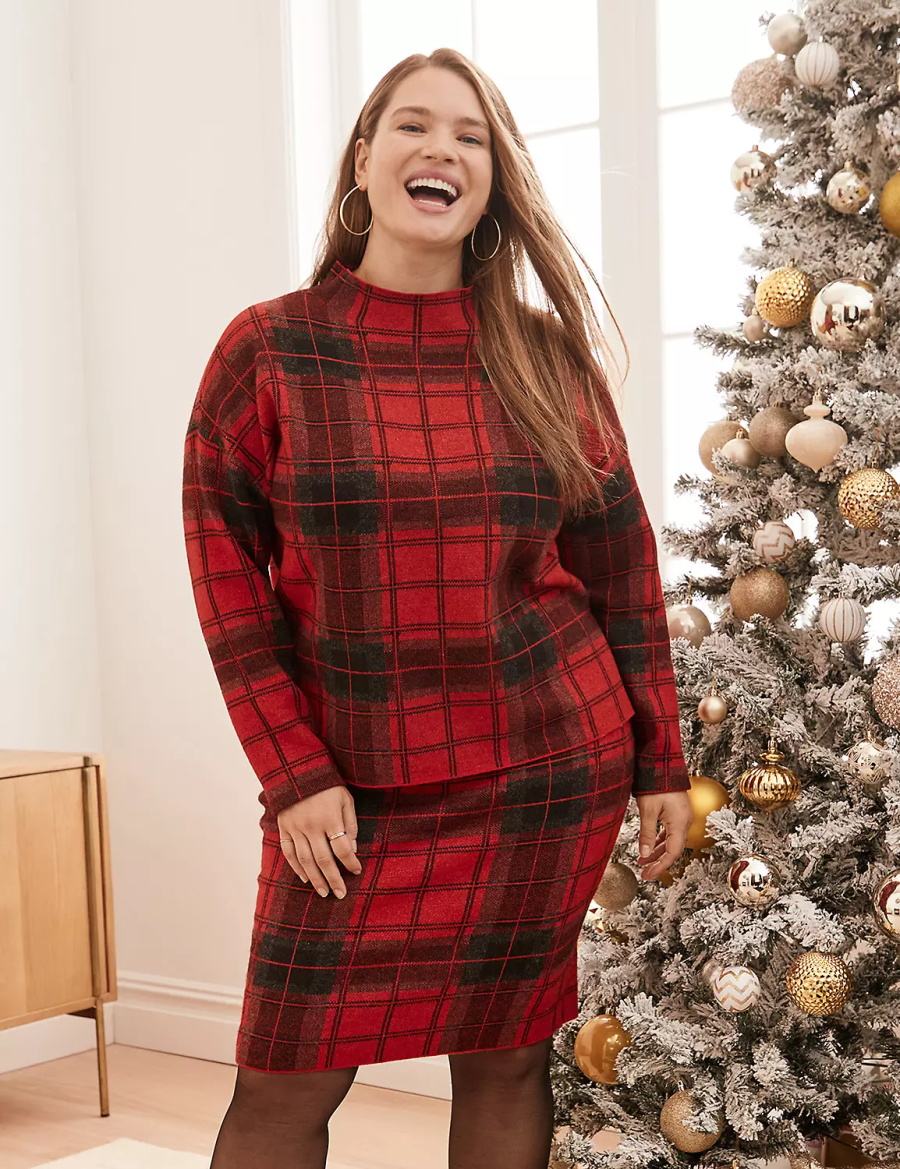 Red Lane Bryant Mock-Neck Plaid Women Sweaters | CSC9622GD