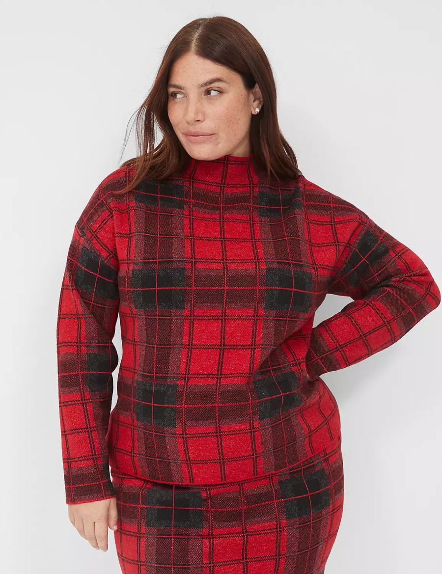 Red Lane Bryant Mock-Neck Plaid Women Sweaters | CSC9622GD