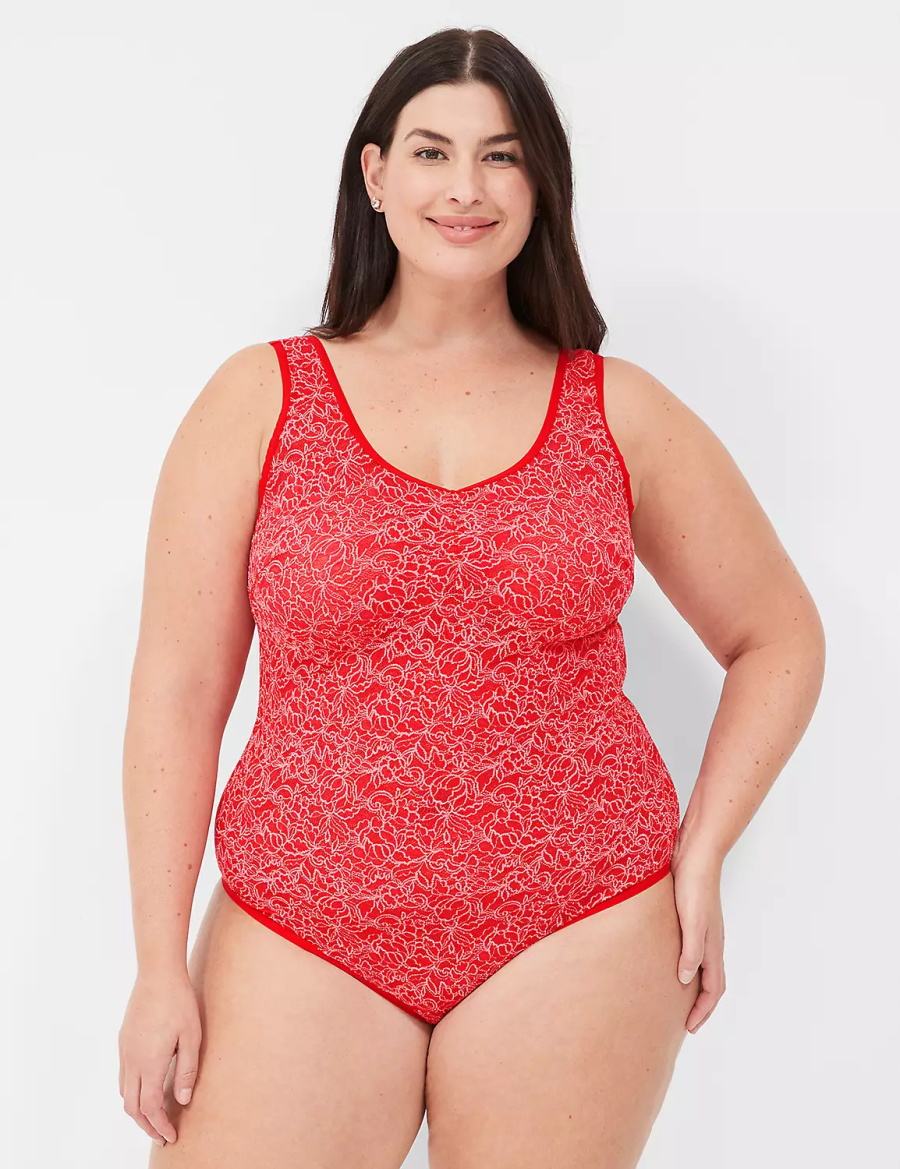 Red Lane Bryant Stretch Lace Cross-Dyed Women Bodysuit | KMR9264NV