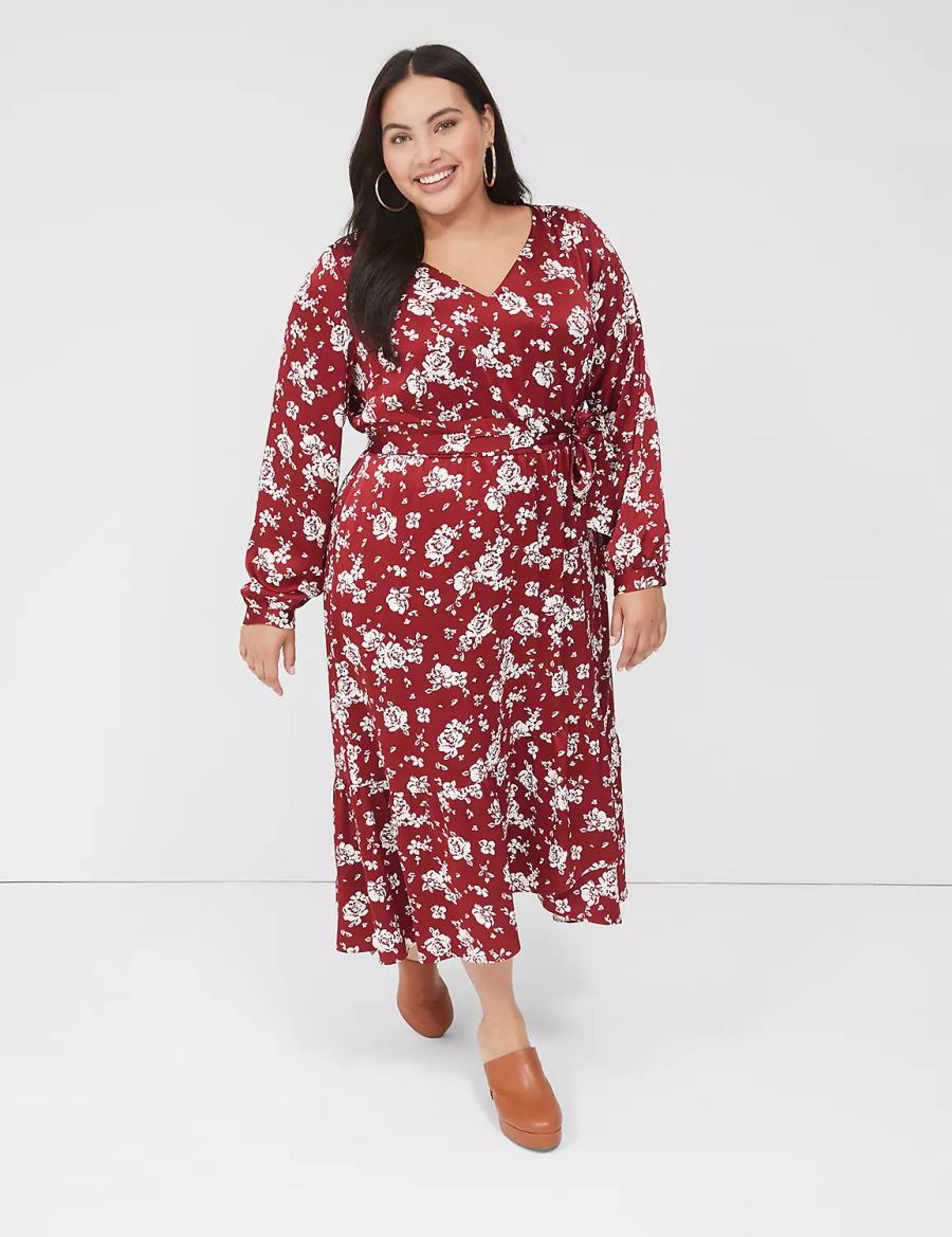 Red Lane Bryant Textured Satin Long-Sleeve Wrap-Skirt Women Midi Dress | IEY6149OY