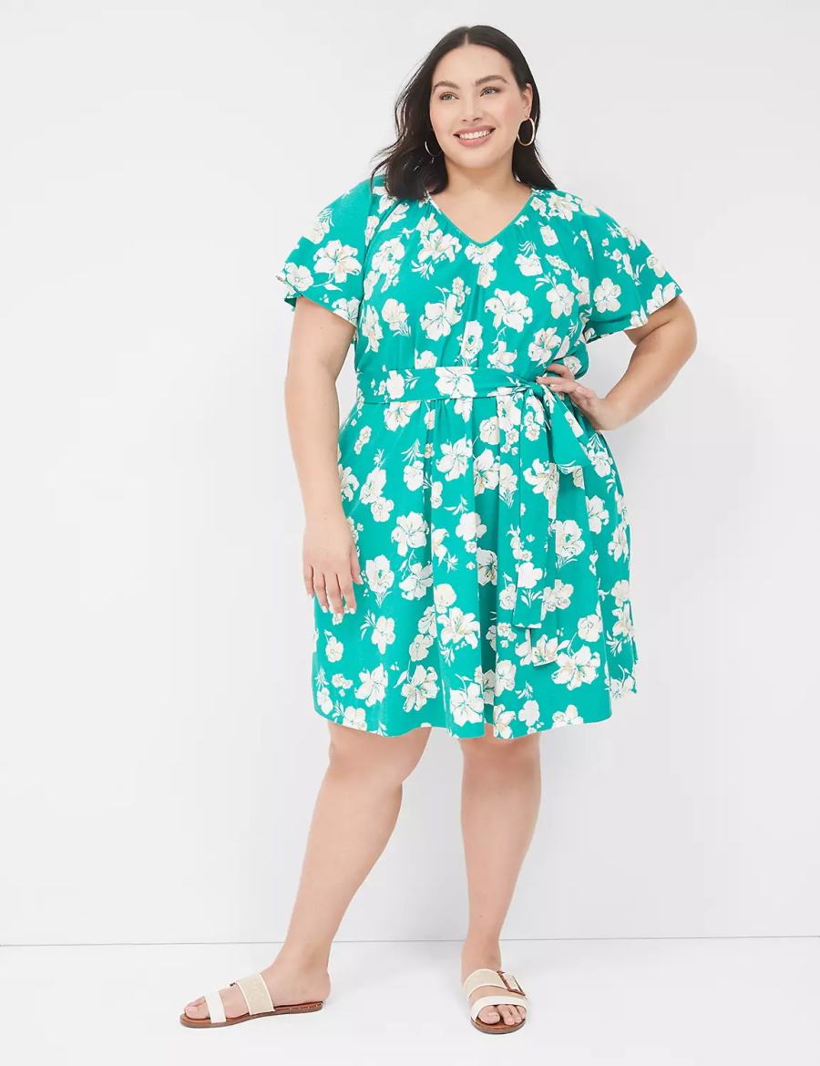 Turquoise Lane Bryant Flutter-Sleeve Tie-Waist Women Casual Dress | LIW8632NZ