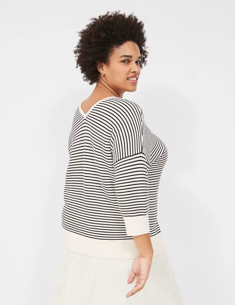 White Black Lane Bryant 3/4-Sleeve V-Neck Striped Women Sweaters | ONT8240YT