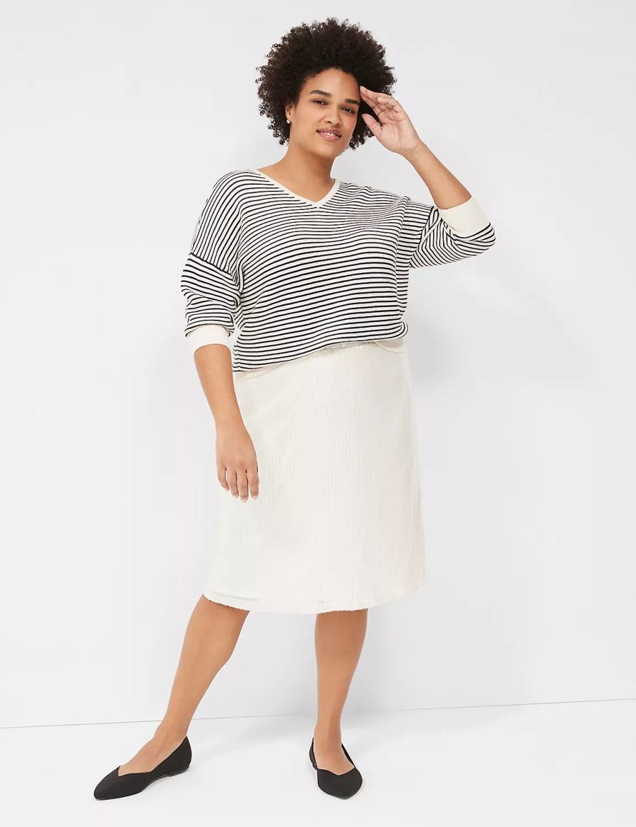 White Black Lane Bryant 3/4-Sleeve V-Neck Striped Women Sweaters | ONT8240YT