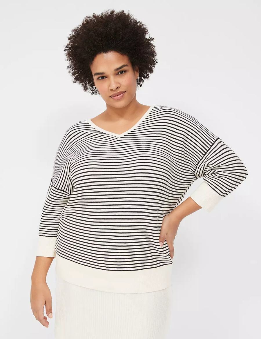 White Black Lane Bryant 3/4-Sleeve V-Neck Striped Women Sweaters | ONT8240YT