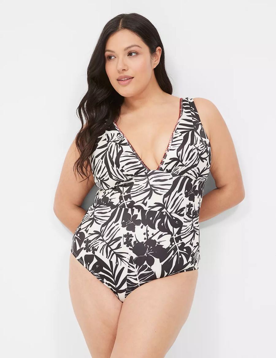 White Black Lane Bryant No-Wire Plunge One-Piece Women Swimsuits | ABF5235GB