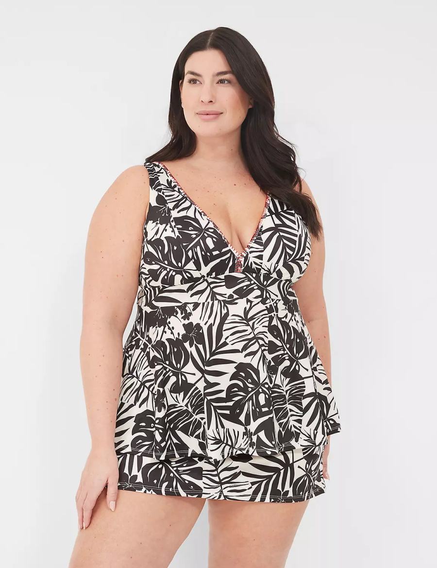 White Black Lane Bryant No-Wire Plunge Tankini Women Bikini Top | VVS3163AV