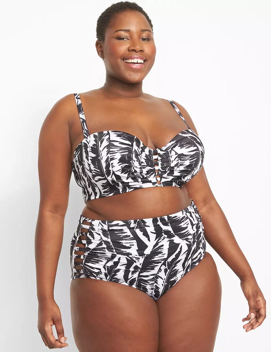 White Black Lane Bryant Strappy Ruched-Side Swim Women Briefs | UJN852CQ