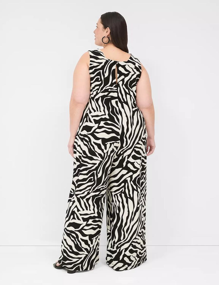 White Black Lane Bryant V-Neck Wide Leg Jersey Women Jumpsuit | SSX215KJ