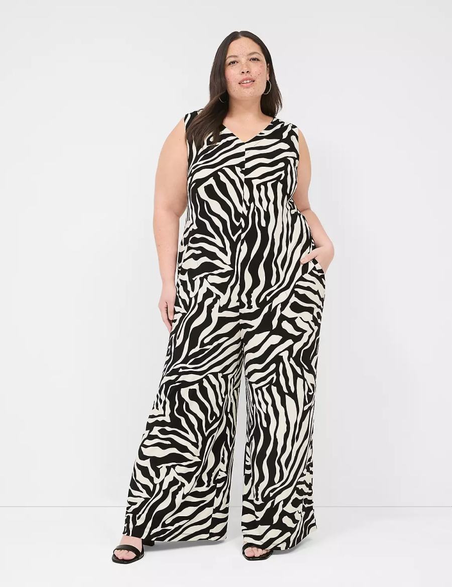 White Black Lane Bryant V-Neck Wide Leg Jersey Women Jumpsuit | SSX215KJ