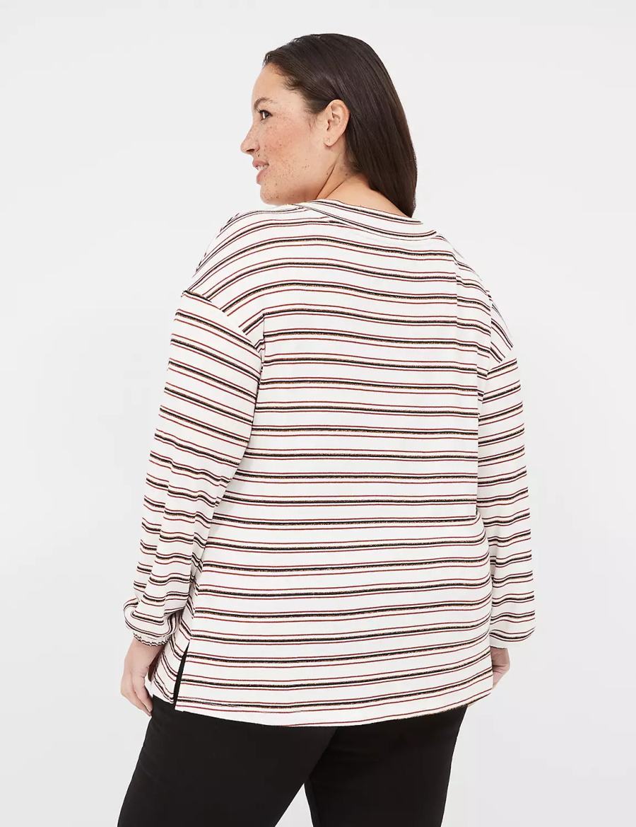 White Black Stripes Lane Bryant Lurex Blouson-Sleeve V-Neck Tunic Women T Shirts | FIP3456TN