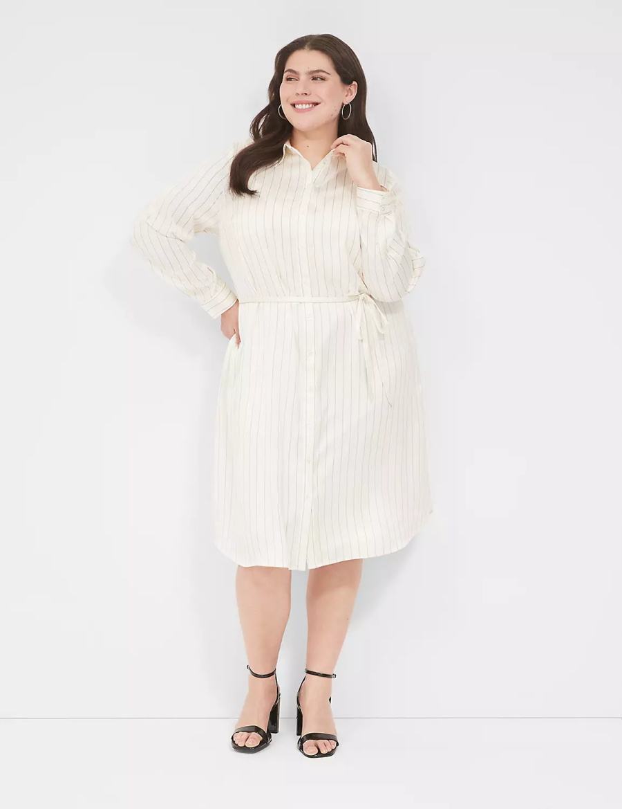 White Black Stripes Lane Bryant Satin Shirt Overpiece Women Casual Dress | KYQ8311OY