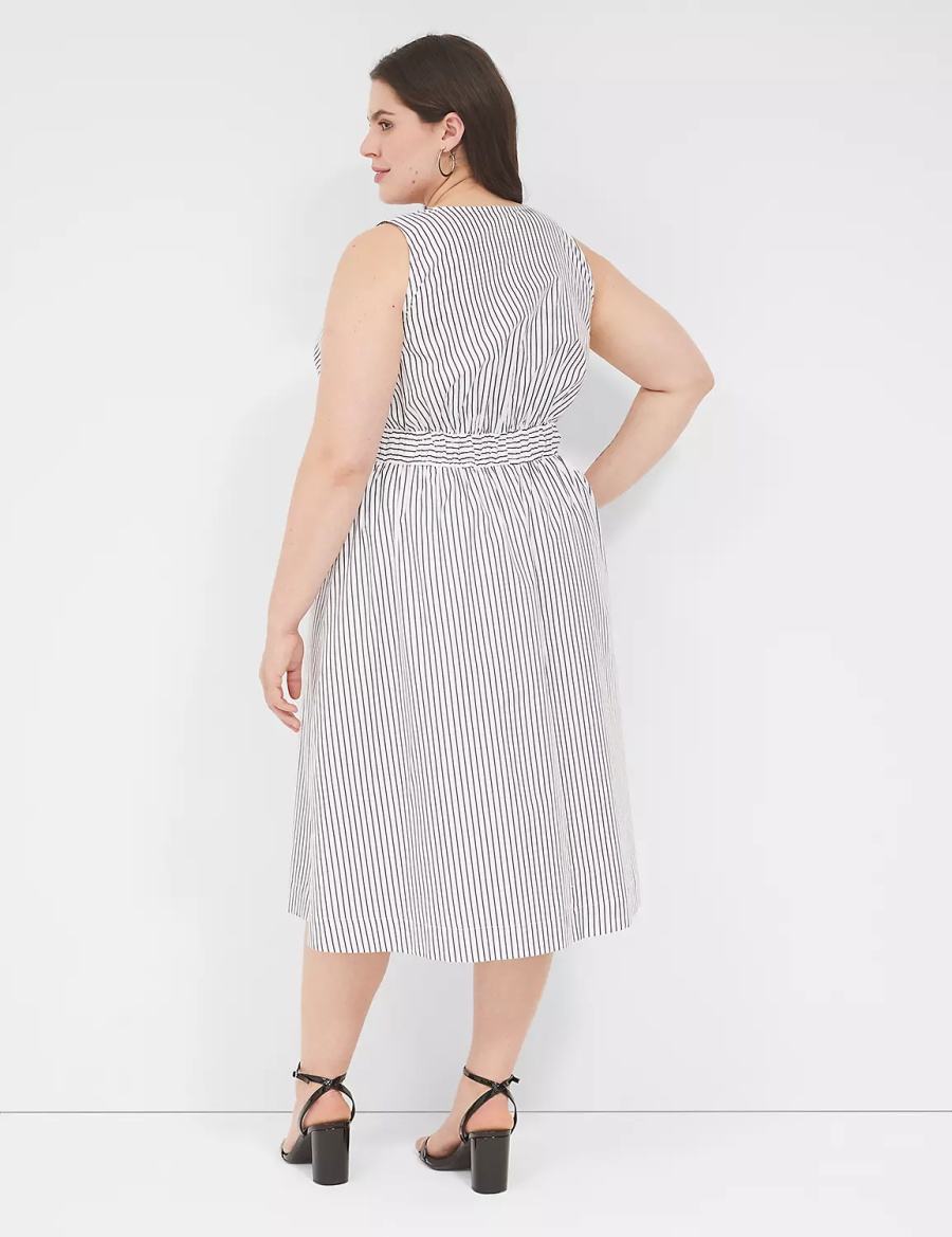 White Black Stripes Lane Bryant V-Neck Elastic-Waist Women Midi Dress | ENI6060OS