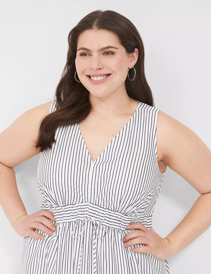 White Black Stripes Lane Bryant V-Neck Elastic-Waist Women Midi Dress | ENI6060OS