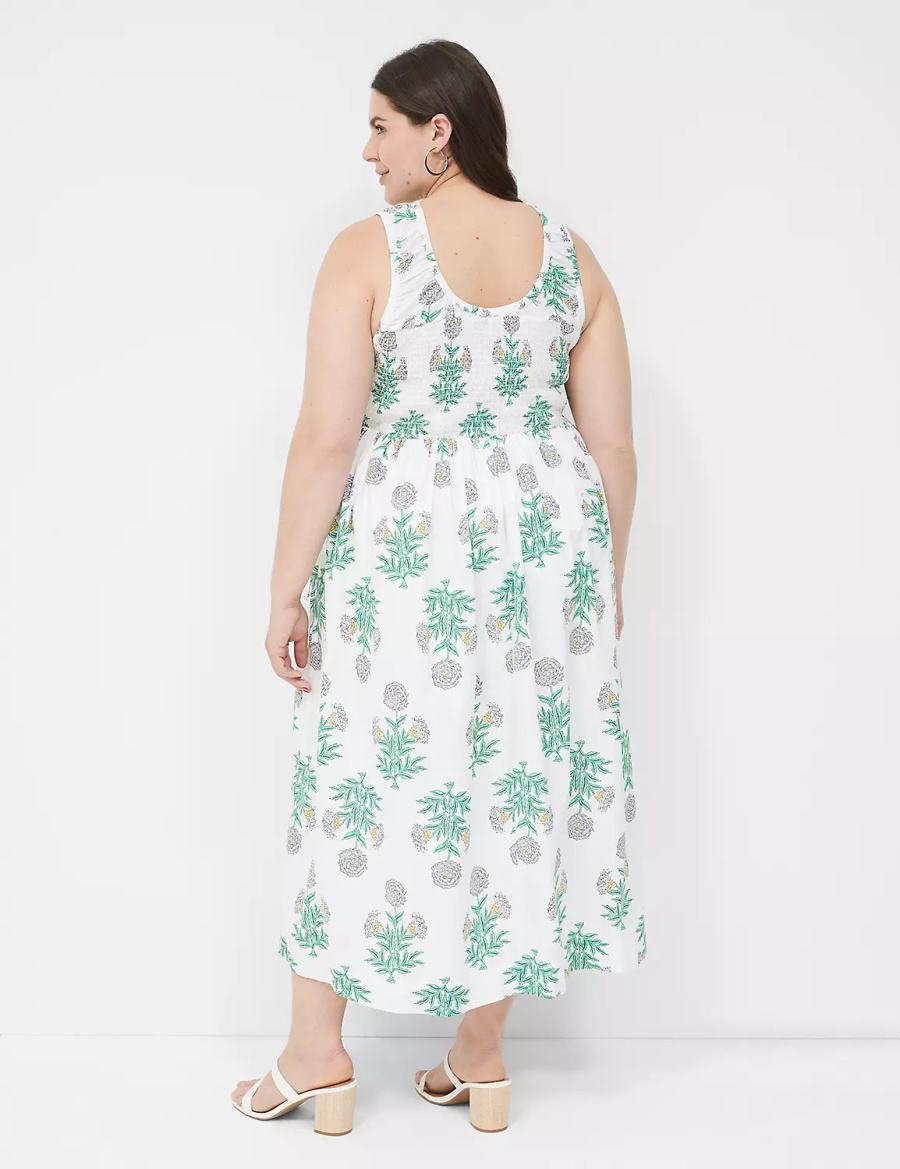 White Green Lane Bryant Smocked-Bodice Women Midi Dress | NDV4949MF