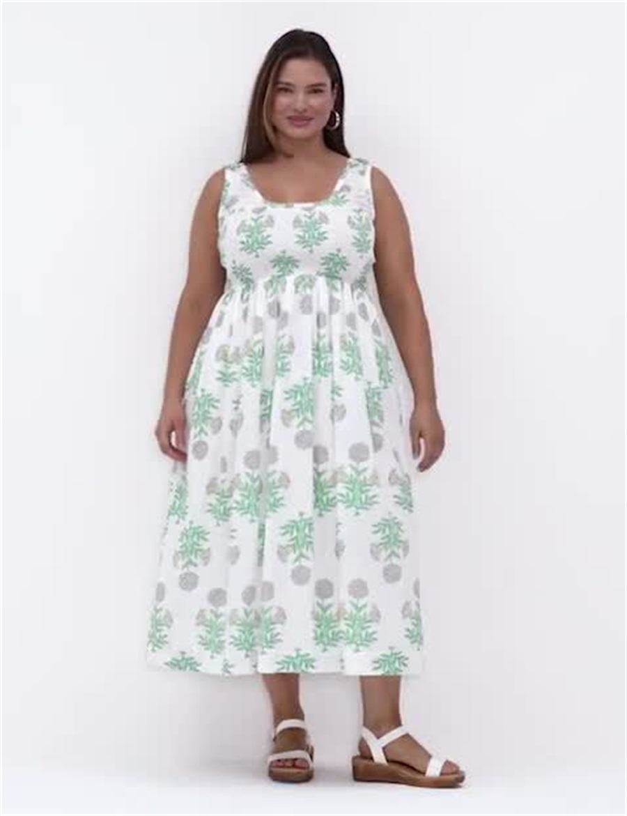 White Green Lane Bryant Smocked-Bodice Women Midi Dress | NDV4949MF