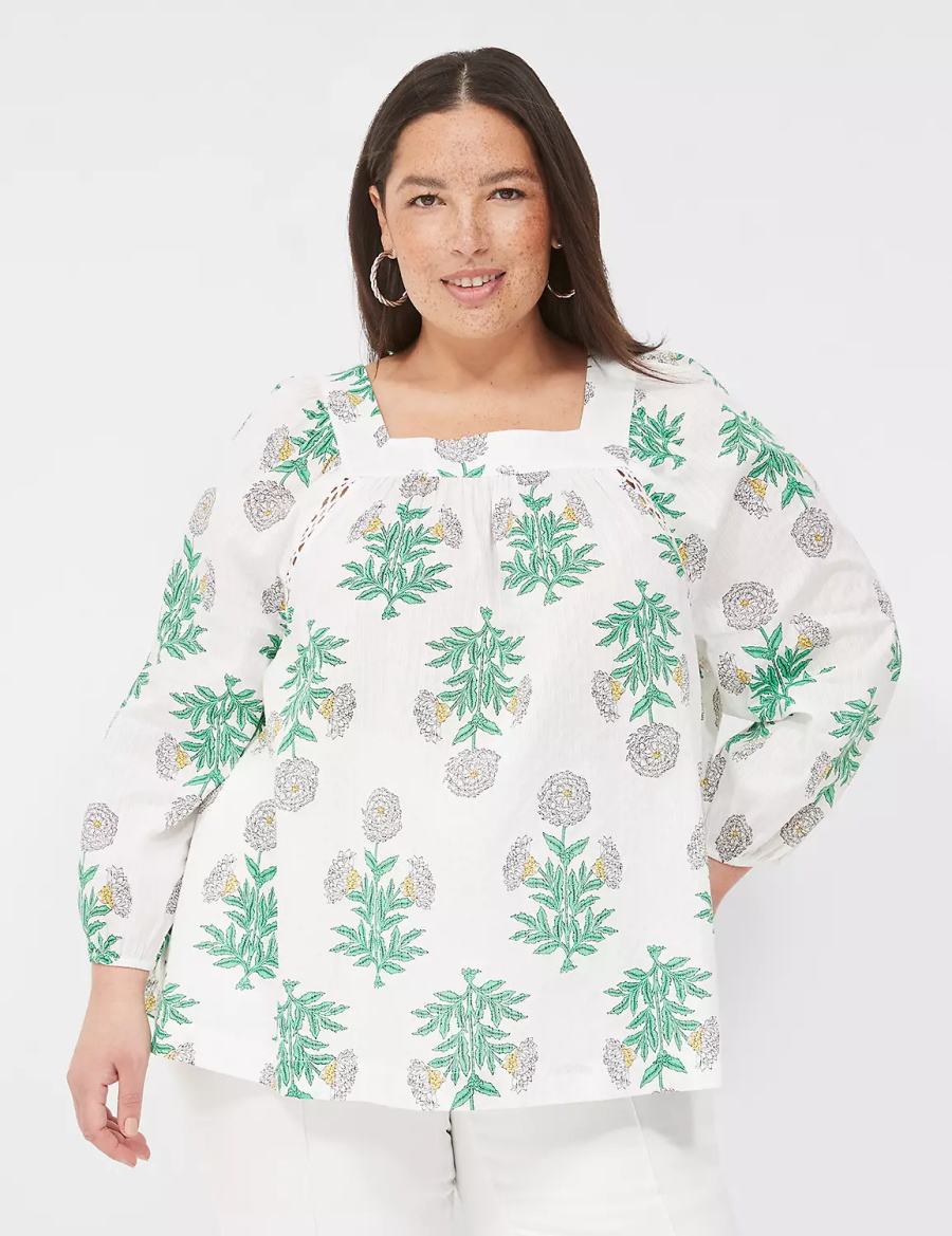 White Green Lane Bryant Swing Square-Neck Peasant Women Blouse | PHY7896ZO