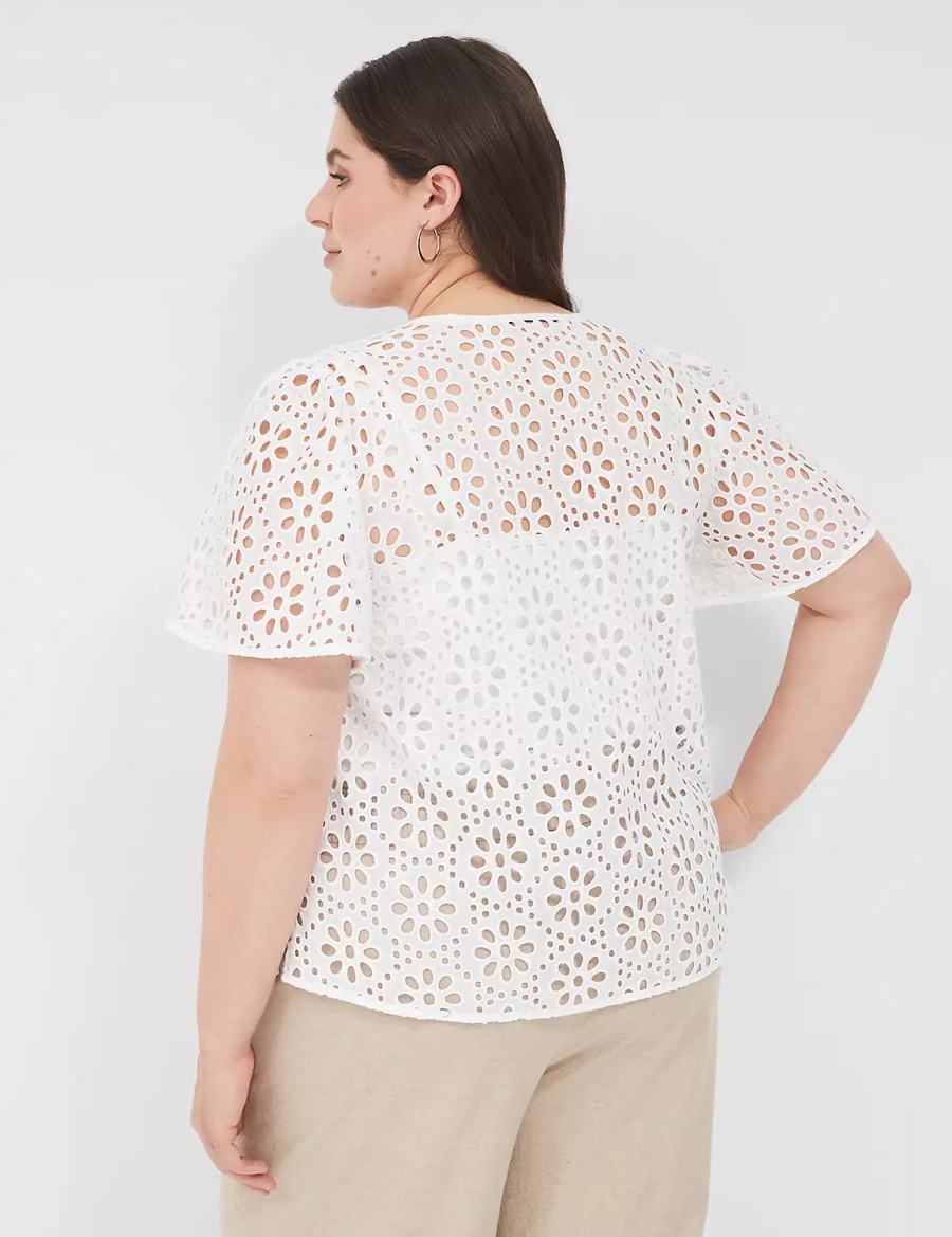 White Lane Bryant Sheer Flutter-Sleeve Eyelet Top Women T Shirts | SSO7983TK