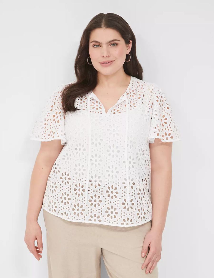 White Lane Bryant Sheer Flutter-Sleeve Eyelet Top Women T Shirts | SSO7983TK